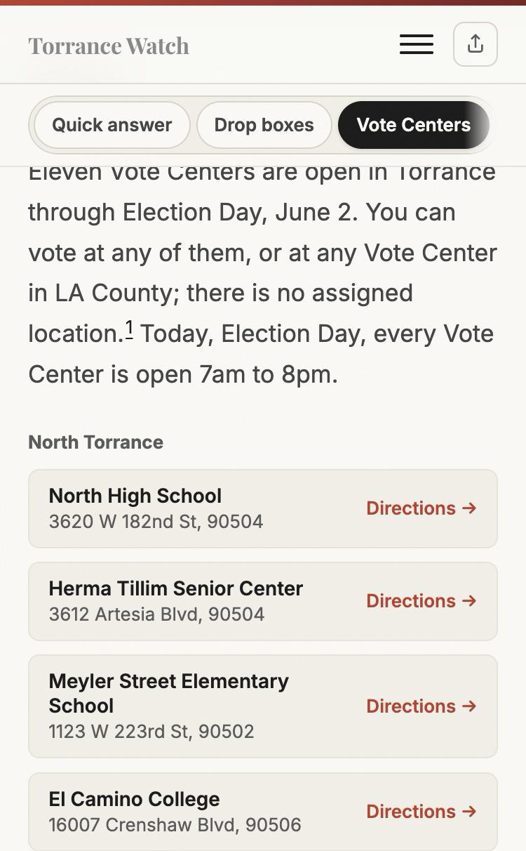 The Torrance Watch vote page, with Vote Centers grouped by North and Central Torrance, each with a one-tap Directions link.